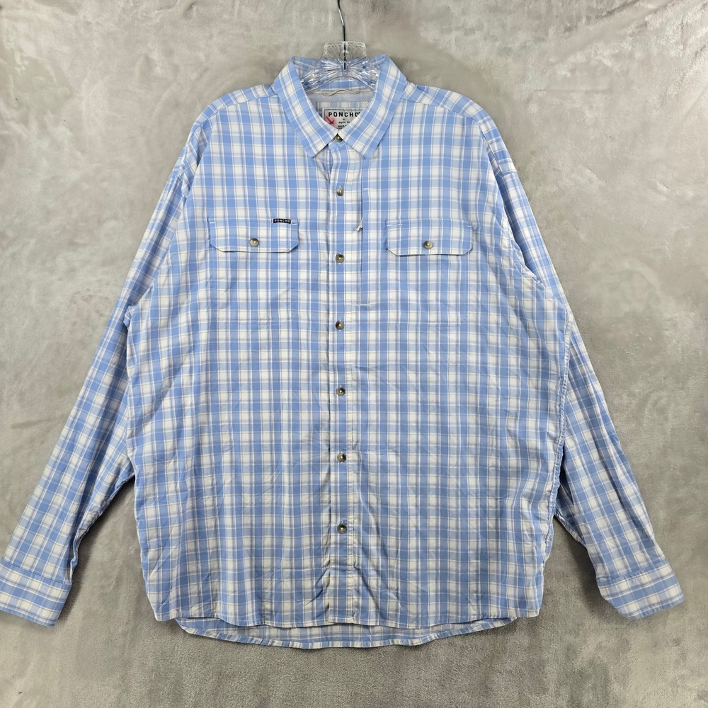 Poncho Fishing Shirt Mens XL Blue White Plaid Magnetic Pockets Long Sleeve